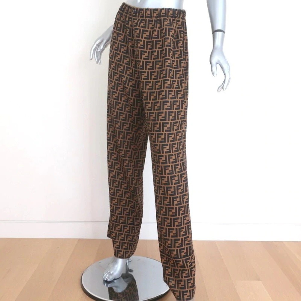 Fendi FF Logo Print Pajama Trousers Brown/Black Silk Twill Size 44 - Picture 3 of 10